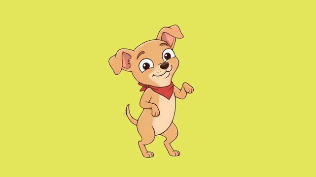 A charming 2D vector animation of a happy little brown puppy wearing a red bandana scarf, standing playfully on a solid yellow background. This cheerful character loop is perfect for pet shop animatio