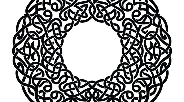 Intricate black and white vector illustration featuring a circular celtic knot design with ornate patterns