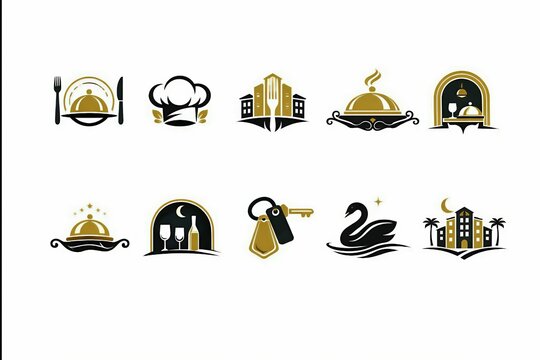 Collection of ten premium hospitality and restaurant logo icons, featuring luxury hotel and fine dining design elements isolated on white