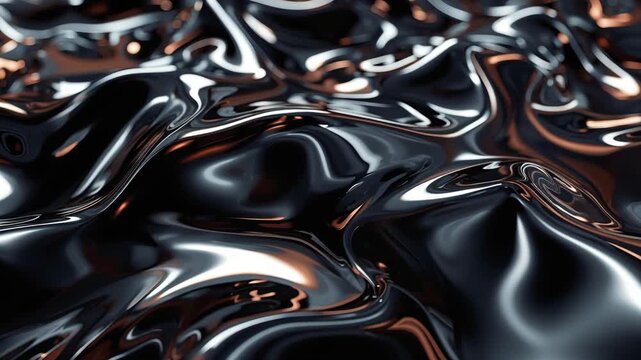 Liquid glossy black metallic surface with fluid folds metallic reflections and warm highlights