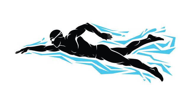 Professional male swimmer performing the crawl stroke in this dynamic and detailed black vector illustration