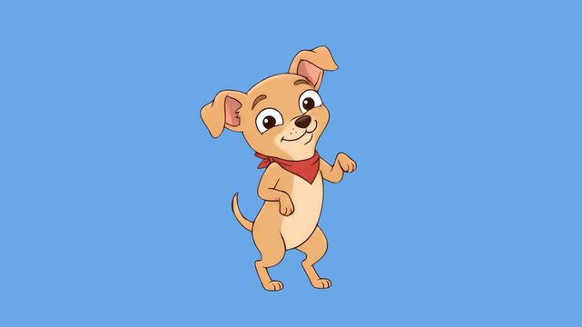 A cute little 2D animated light brown Chihuahua puppy wearing a red neck bandana dances joyfully against a solid sky-blue background. Excellent for pet loyalty programs, mobile app icons, and playful 