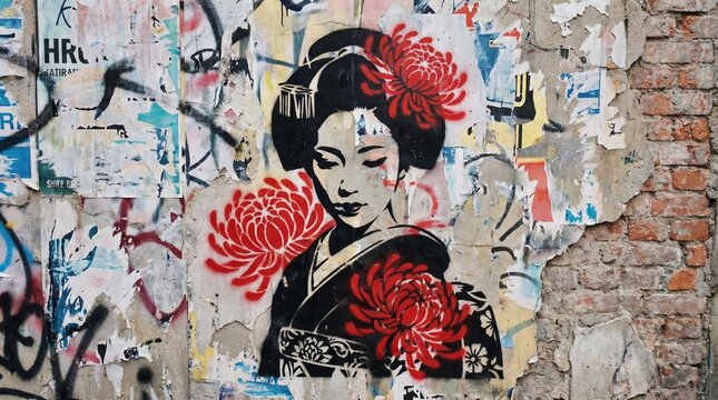 Street art graffiti of a traditional Japanese geisha with cherry blossoms on brick wall