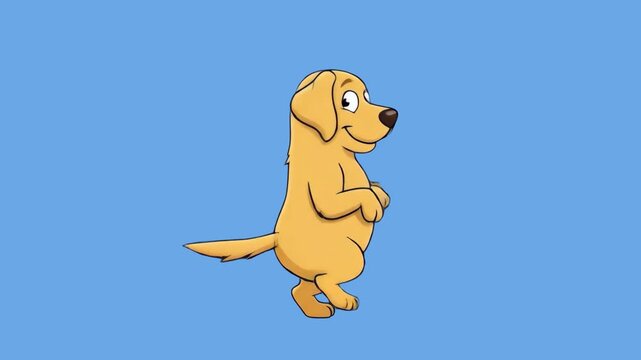 A playful 2D animated golden retriever dog character standing on its hind legs and dancing joyfully. The cheerful animal mascot wags its tail against a plain blue backdrop, perfect for kids' media or 