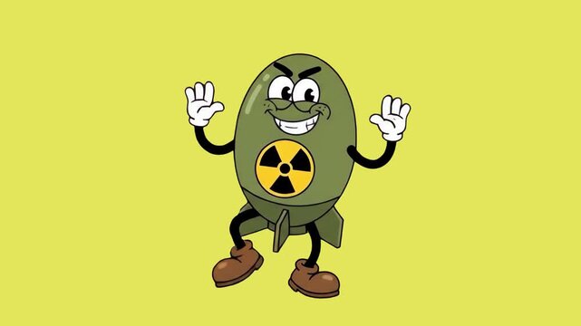 A 2D vector animation of a grinning green missile bomb character with a hazard symbol dancing with raised hands. The character performs against a solid pale yellow backdrop.