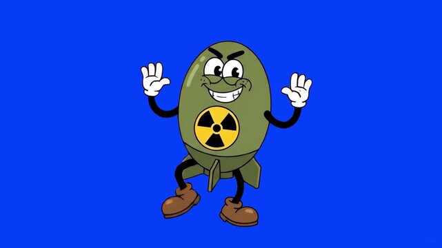 A grinning 2D animated army-green atomic missile character performs a silly dance steps against a solid blue backdrop. Ideal for attention-grabbing animations, social media memes, and video game inter