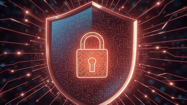 Cybersecurity shield with glowing padlock, radiant circuitry network protecting data privacy