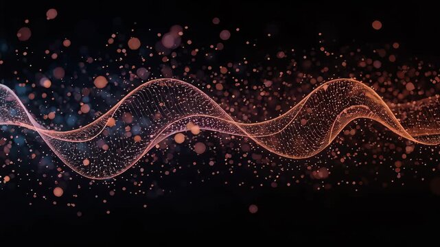 Glowing orange particle wave with abstract data flow and floating particles, dynamic futuristic