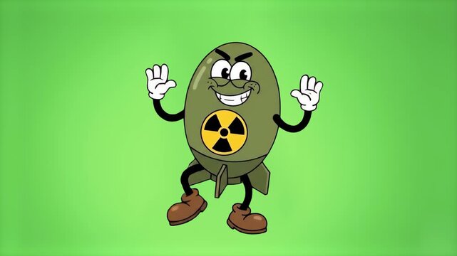 A 2D flat animation of a military green rocket or atomic missile mascot character waving its hands with a wide smile. Featuring a prominent radiation warning symbol, this clip on a green backdrop work