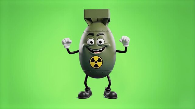 A 3D animated army green bomb character with a radiation symbol on its chest cheering excitedly with raised fists. Set against a solid green background, this cartoon military mascot is ideal for gamin