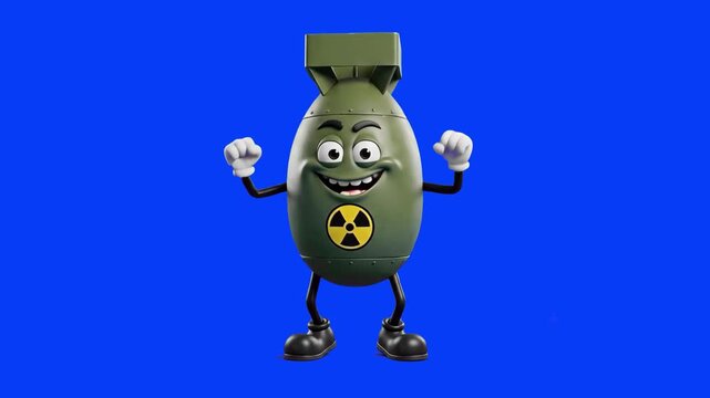 A humorous 3D cartoon mascot of a green military atomic bomb with a radiation symbol, celebrating with a dynamic dance routine against a solid blue screen background. Ideal for gaming assets, dark com