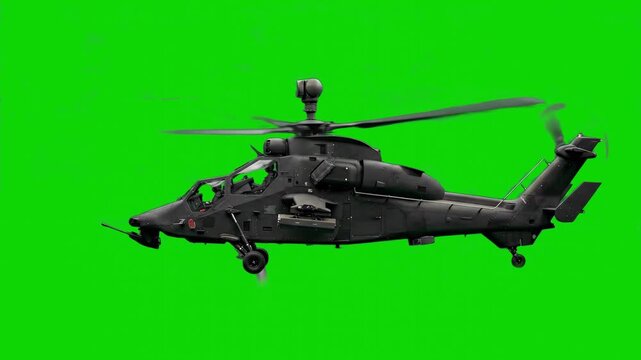 A dark grey AH-64 Apache military helicopter shown in a side profile view with spinning main rotors on a solid chroma key background. Optimized for high-end special effects, video editing, and combat 