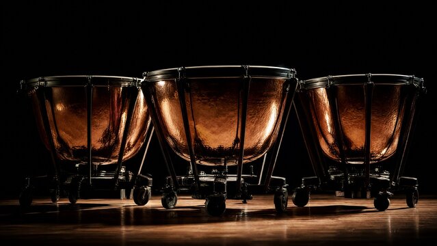 Three timpani drums with polished copper bowls reflecting light on a dark stage.