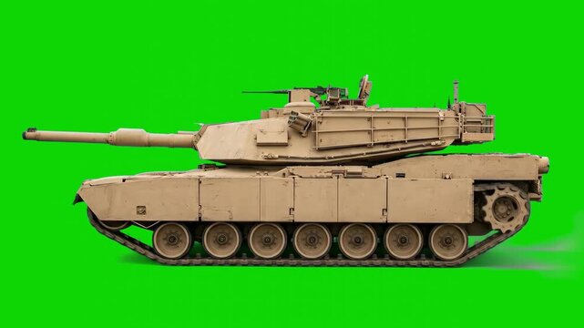 A side view of a desert-camouflaged M1 Abrams main battle tank moving with rolling tracks, isolated on a bright chroma key green screen. This detailed military 3D animation is designed for visual effe