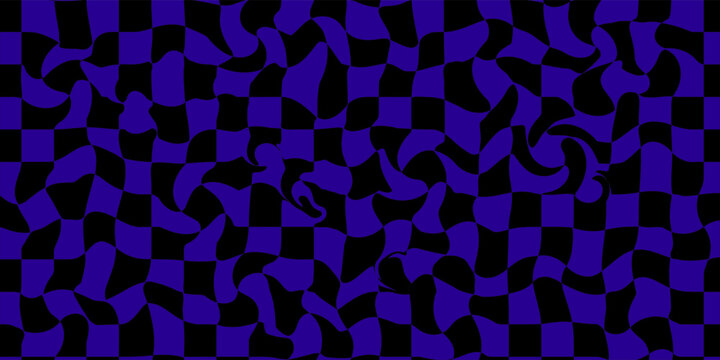 Abstract distorted checkerboard pattern with a wavy, liquid effect in dark blue and black. Perfect for psychedelic, trippy, and modern backgrounds.