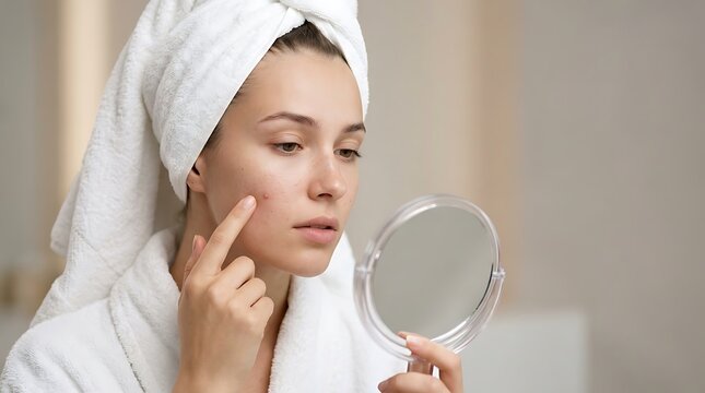 Close up of woman examining pimple on cheek