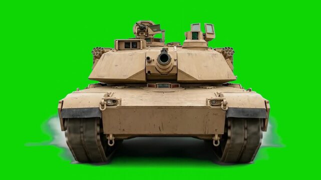 A detailed desert-colored M1 Abrams main battle tank standing facing forward against a solid green chroma key background. This military 3D render is designed for seamless tactical video editing and co