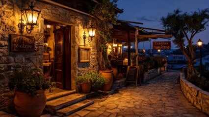Fototapeta premium Warm twilight at a taverna entrance with golden light on a stone path.