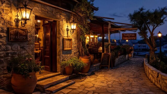 Warm twilight at a taverna entrance with golden light on a stone path.