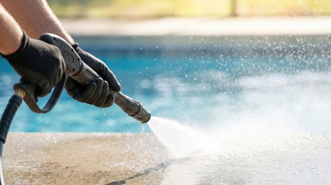 Professional Pressure Washing Pool Deck Surface Cleaning Service by Male Worker with High Pressure Water Spray