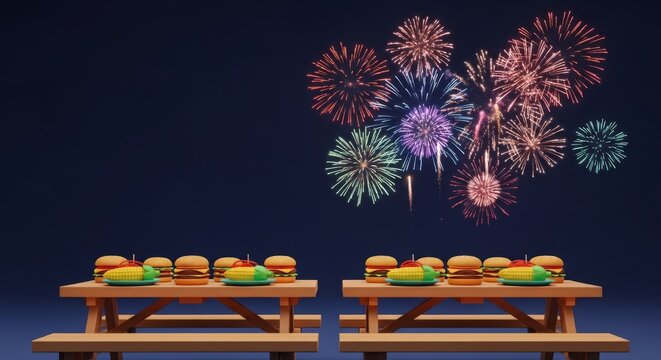 Vibrant backyard illustration features wooden picnic tables laden with burgers and corn while bright fireworks explode in the night sky, meal, holiday, table