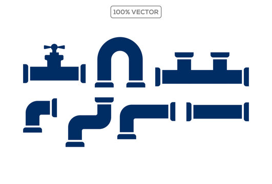 Water, oil or gas pipeline with fittings and valves. Pipeline and black tap, open, close. Globe valve icon or pictogram. Vector pipe fitting symbol