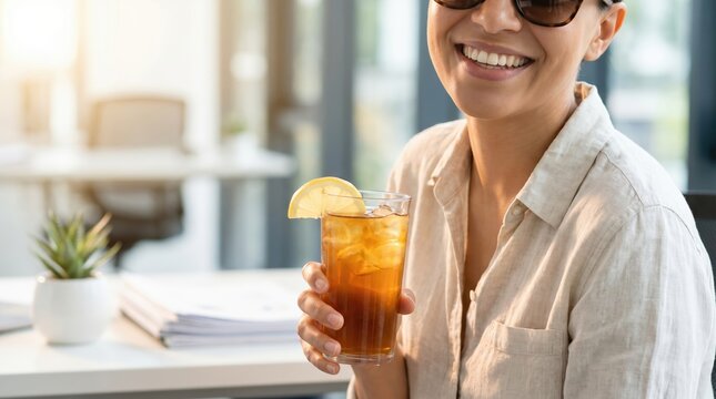 Smiling woman holding iced tea with lemon in a bright modern office, professional taking a refreshing break at work