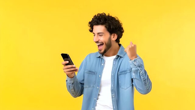 Happy Young Man Celebrating Good News on Smartphone Against Yellow Background, Excited Male Lifestyle Portrait, Mobile Success, Online Win, Positive Emotion, Joyful Reaction