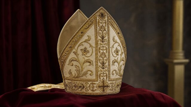 A tall ceremonial bishop's mitre with intricate gold embroidery rests on a rich velvet cloth.