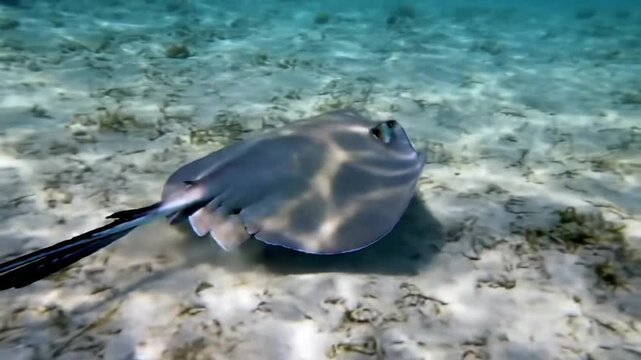 A graceful stingray glides over the sandy ocean floor in clear blue water