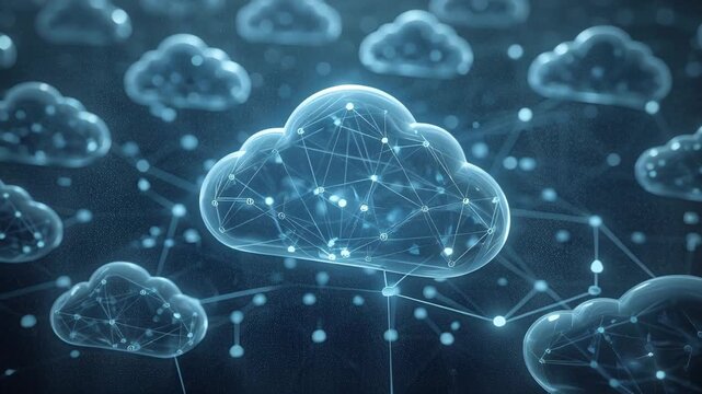 Cloud network connection with glowing data nodes and digital links futuristic tech visualization