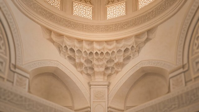 Islamic architectural interior with geometric patterns under a dome, soft ambient light.