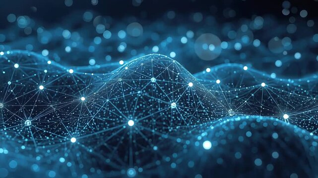 Digital network wave of glowing connection nodes and flowing data in futuristic network landscape
