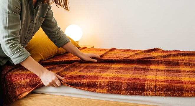 Woman making the bed with a cozy plaid blanket in a warm bedroom