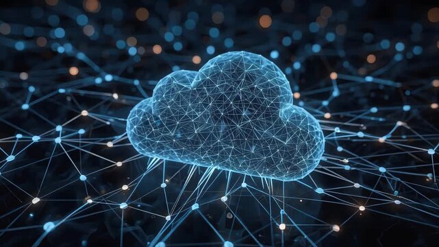 Cloud network concept glowing digital connections and data flow with dynamic interconnected glowing