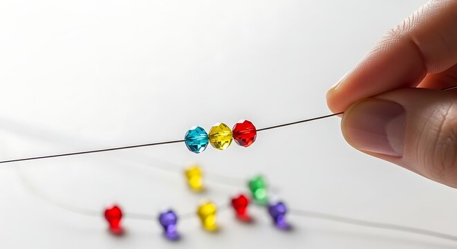 Closeup of a hand holding a thin wire with three colorful crystal beads isolated on white background