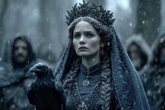 Hel Inspired Norse Goddess and Slavic Dark Queen with Raven in Winter Forest