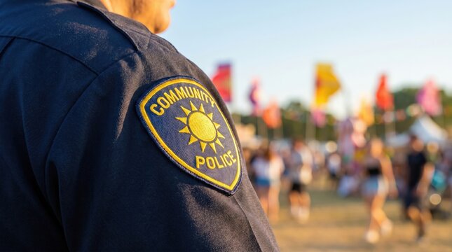 Community Police Officer Shoulder Patch at Public Festival Event Providing Safety and Security for Crowd