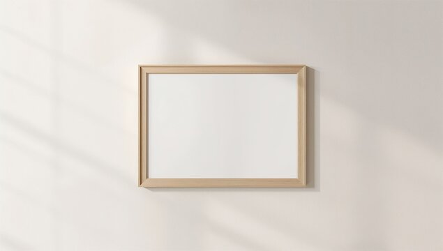 Rectangular wooden frame on a neutral wall minimalist still life