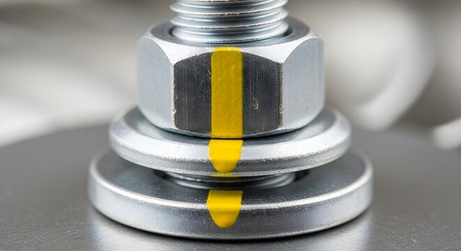 Close-up of a Hex Nut and Bolt with Yellow Line Marking on Metal Surface