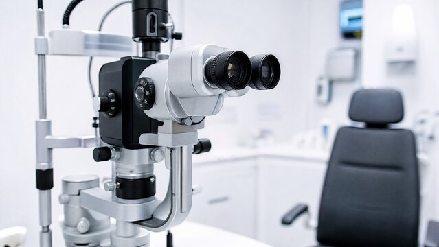 Professional ophthalmoscope in a clean white room with clinical lighting.