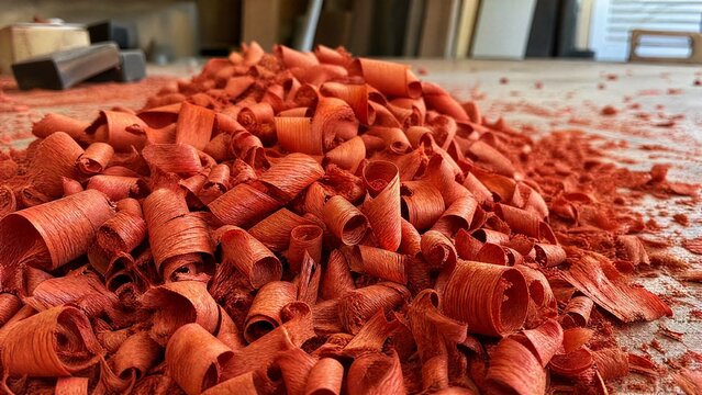Curly, orange-red wood shavings from padauk piled on a workshop floor.