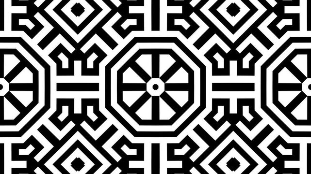 kaleidoscope geometric pattern swirls with bold. black and white optical motion.