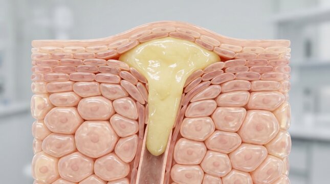 A cross-section illustration showing a blocked hair follicle with sebum buildup within the skin.
