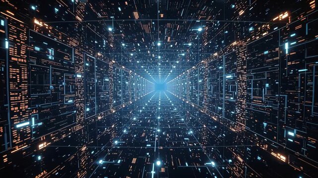 Futuristic data tunnel corridor with glowing circuit depth and immersive digital atmosphere