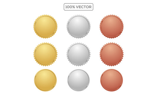 Award golden, silver and bronze blank medals 3d vector realistic illustration. First, second and third place medals or buttons