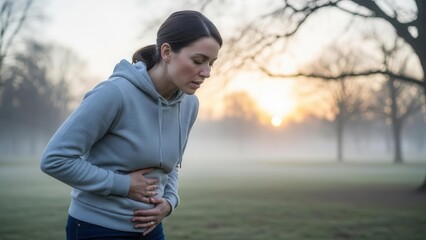 Obraz premium A woman in a grey hoodie clutches her stomach in pain or discomfort while standing in a misty park at sunrise, looking unwell.