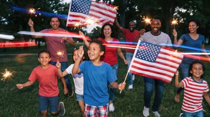 Fototapeta premium Diverse Multi-Generational Family Celebrating Outdoors with Sparklers and Flags at Night