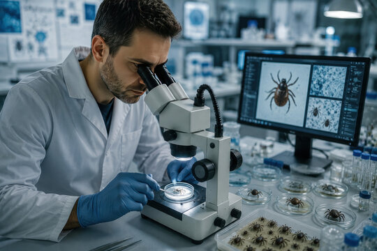 Scientist Examining Ticks Under Microscope in Laboratory