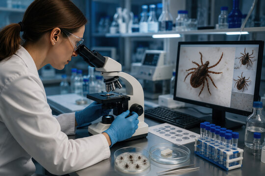 Female Scientist Studying Ticks in Biomedical Laboratory